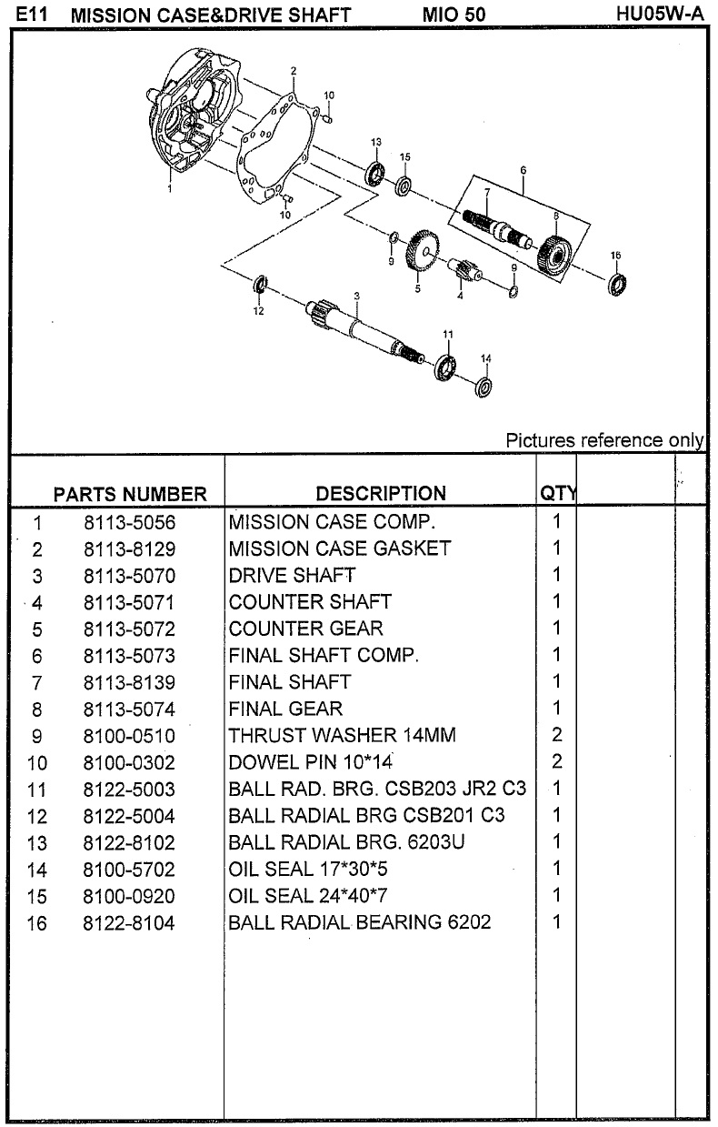 SYM Mio 50 Mission Case and Drive Shaft